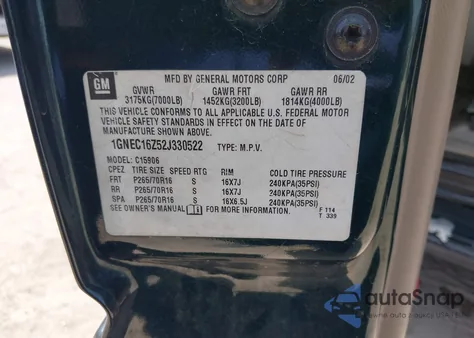 2002 Chevrolet Suburban 1500 Lt из США, поврежденный, VIN 1GNEC16Z52J330522